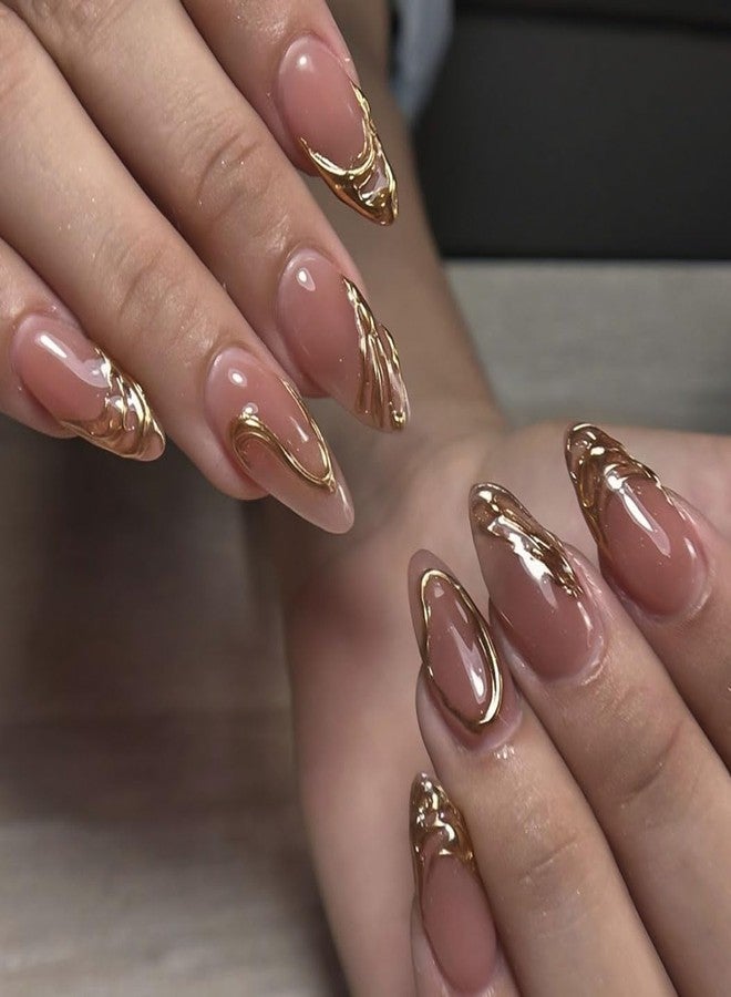 RikView Almond Press on Nails Short Fake Nails Golden & Pink Acrylic Nails with 3D Design Glossy Full Cover Nails for Women 24 PCs/Set - Image 1